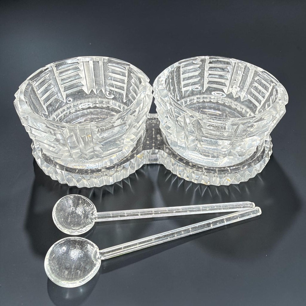 Vintage Pressed Glass Double Salt Cellar Set with Tray and Spoons Clear Cut VTG